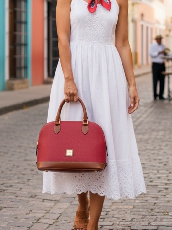 Dooney & Bourke Handbags - Dooney & Burke Red Dome Satchel Handbag with Tan Trim